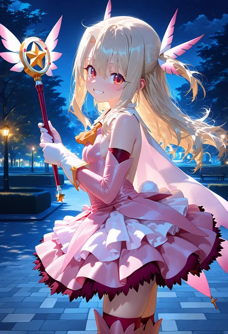 lazypos,  <lora:nyaliasty2:1> nyaliasty,  <lora:Dramatic Lighting Slider:2.85>,
1girl, illyasviel von einzbern, prisma illya,  blonde hair, red eyes,  magical girl, feather hair ornament, pink dress, pink elbow gloves, pink thighhighs, 
from side, holding wand,  looking at viewer, happy, smile, 
outdoors, night, park,