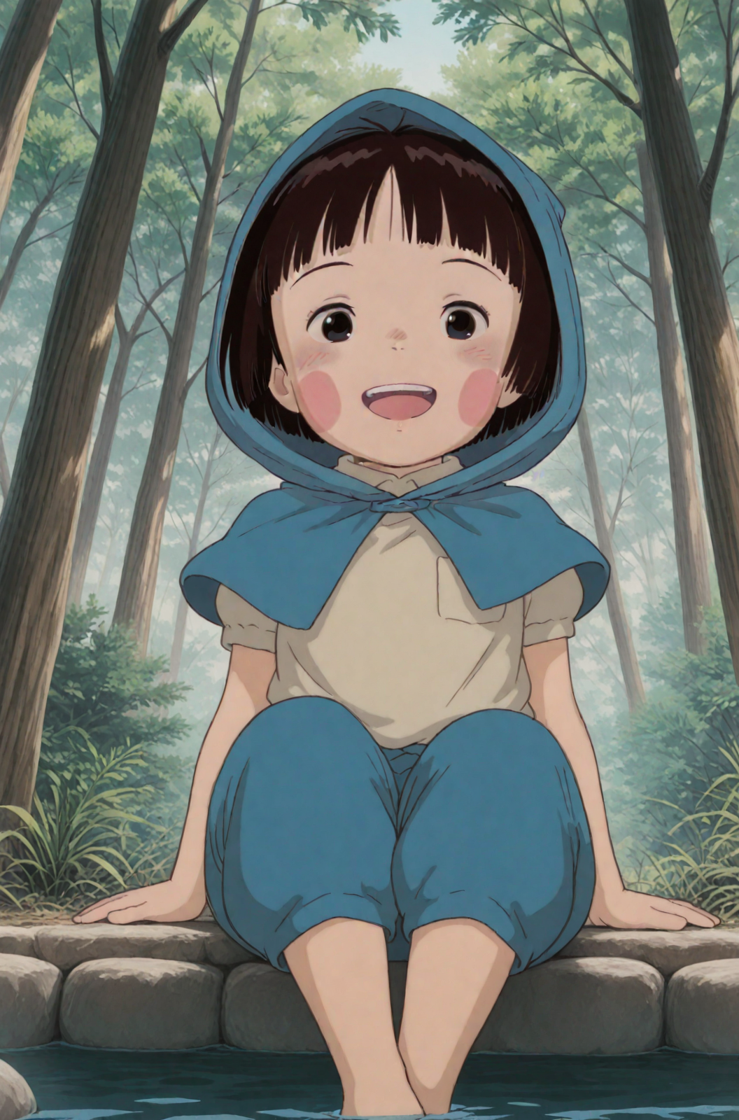 ganaishoten:0.6, leonardo 16sei:0.7, <lora:ai_styles_collection_noob_vpred-1.0-v4.02:1>, <lora:illustriousXL_stabilizer_v1.7:0.7>, anime coloring, (masterpiece, best quality, very aesthetic, absurdres, high quality), 1girl, solo, <lora:Setsuko_Yokokawa:0.8>, setsuko, white shirt, collared shirt, blue monpe, barefoot, brown hair, brown eyes, short hair, blush stickers, smile, looking at viewer, blue pants, breast pocket, upper teeth only, puffy sleeves, hooded cape, sitting, forest, blue hood
