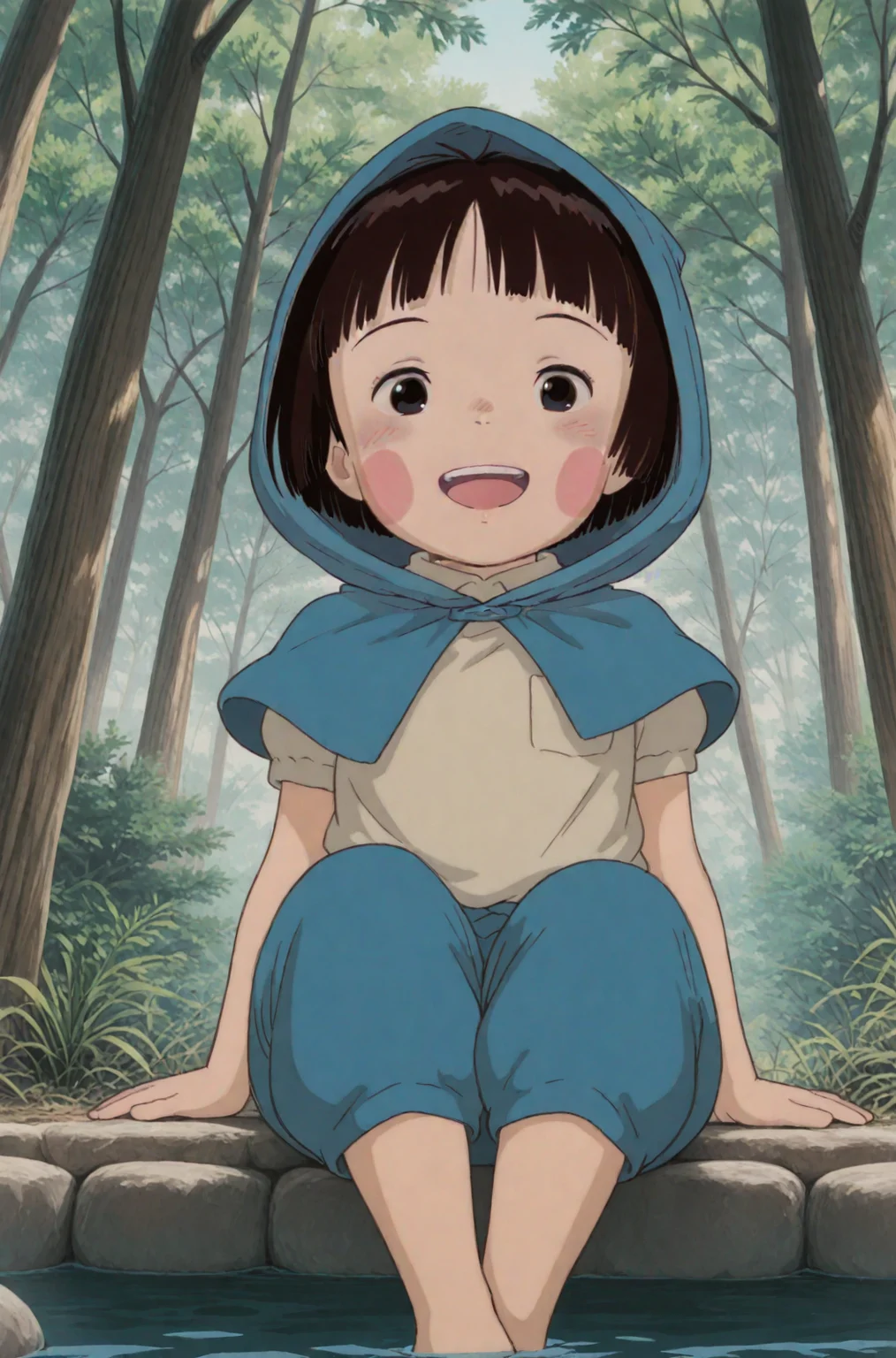 ganaishoten:0.6, leonardo 16sei:0.7, <lora:ai_styles_collection_noob_vpred-1.0-v4.02:1>, <lora:illustriousXL_stabilizer_v1.7:0.7>, anime coloring, (masterpiece, best quality, very aesthetic, absurdres, high quality), 1girl, solo, <lora:Setsuko_Yokokawa:0.8>, setsuko, white shirt, collared shirt, blue monpe, barefoot, brown hair, brown eyes, short hair, blush stickers, smile, looking at viewer, blue pants, breast pocket, upper teeth only, puffy sleeves, hooded cape, sitting, forest, blue hood