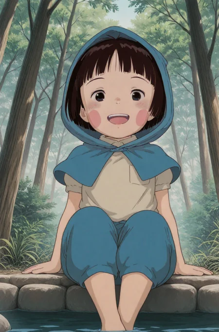 ganaishoten:0.6, leonardo 16sei:0.7, <lora:ai_styles_collection_noob_vpred-1.0-v4.02:1>, <lora:illustriousXL_stabilizer_v1.7:0.7>, anime coloring, (masterpiece, best quality, very aesthetic, absurdres, high quality), 1girl, solo, <lora:Setsuko_Yokokawa:0.8>, setsuko, white shirt, collared shirt, blue monpe, barefoot, brown hair, brown eyes, short hair, blush stickers, smile, looking at viewer, blue pants, breast pocket, upper teeth only, puffy sleeves, hooded cape, sitting, forest, blue hood