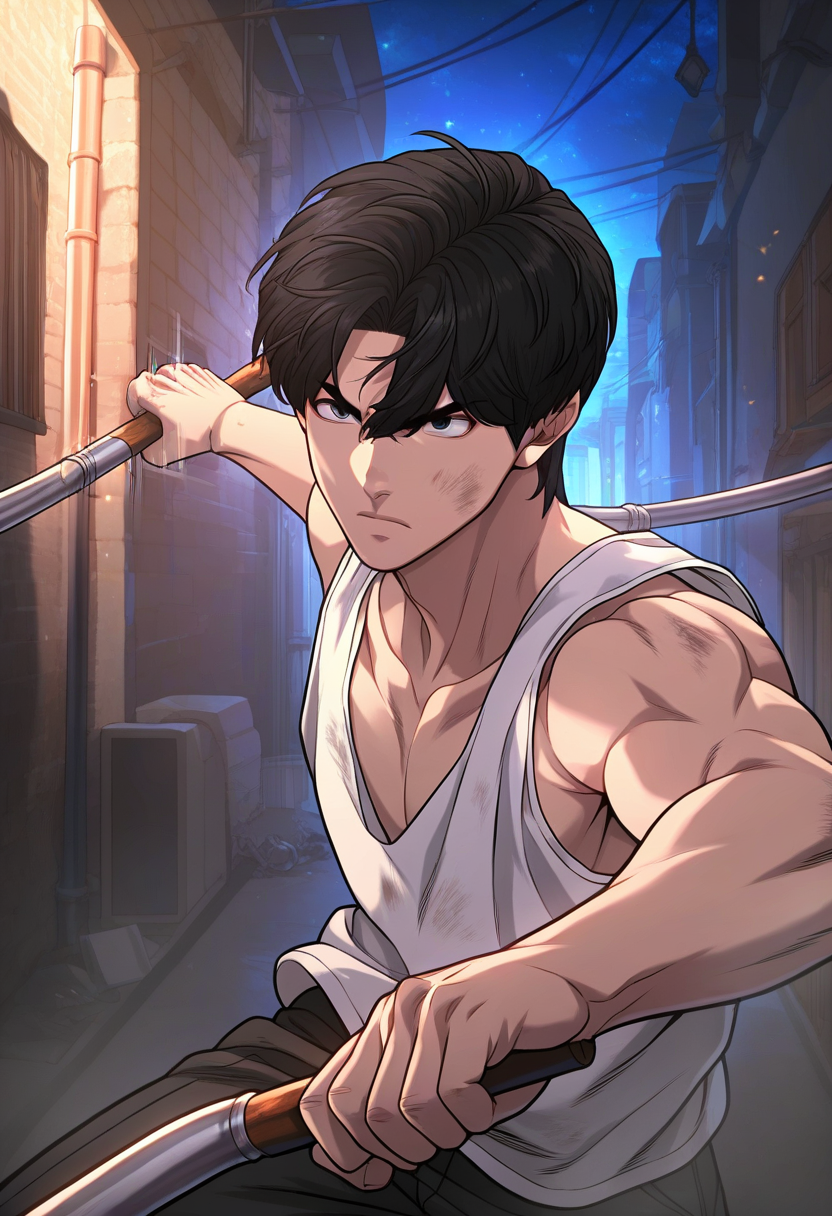 1boy, male focus, solo focus, 
<lora:Character - Questism - Kim Suhyeon:1> kimsuhyeon, black hair, black eyes
,((zPDXL)), score_9_up, score_8_up, score_7_up, score_6_up, score_5_up, score_4_up, best quality, amazing quality, best aesthetic, amazing aesthetic, absurdres, year2023, uncensored, very nsfw, official art, official style,
white tank top,  alley, night, night sky,  surrounded, serious,  fighting stance, lead pipe, holding lead pipe, motion lines, motion blur, fighting, angry, dirty face, dirty, dirty clothes, dual wielding,