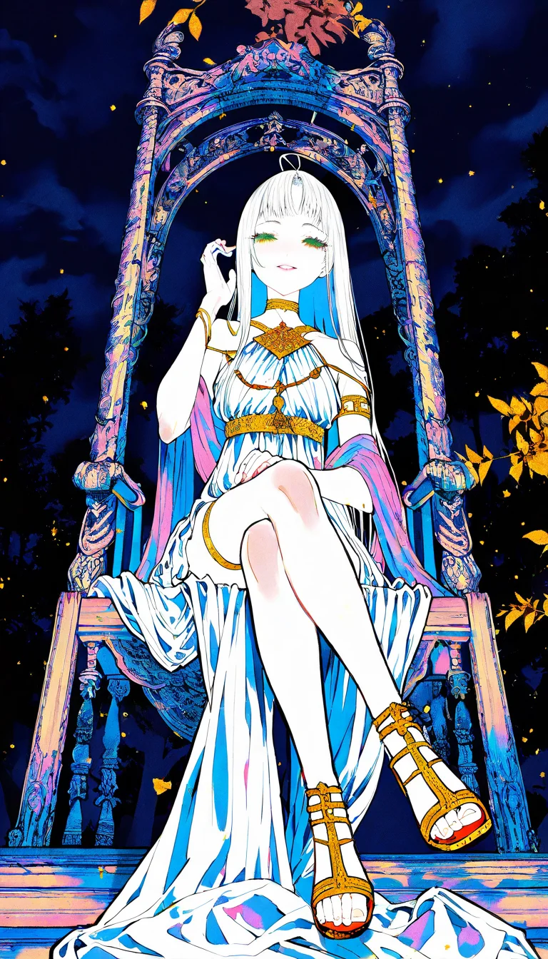artist:[ekrea jan|diyokama|say hana|yoneyama mai|lam \(ramdayo\)],
girl, solo, toga, white dress, armlet, looking at viewer, ancient greek clothes, see-through clothes, shawl, greco-roman clothes, white hair, loose hair strand, gold choker, bare shoulders, gladiator sandals, foot dangle, parted lips, looking at viewer, colored eyelashes, long eyelashes, half-closed eyes, forked eyebrows, green eyes, smile,
sitting, throne, dark clouds, backlighting, indoors, window, crossed legs, from below, thigh strap,
bright, backlighting, impasto, dappled light, tree shade,
masterpiece, best quality, very awa, absurdres