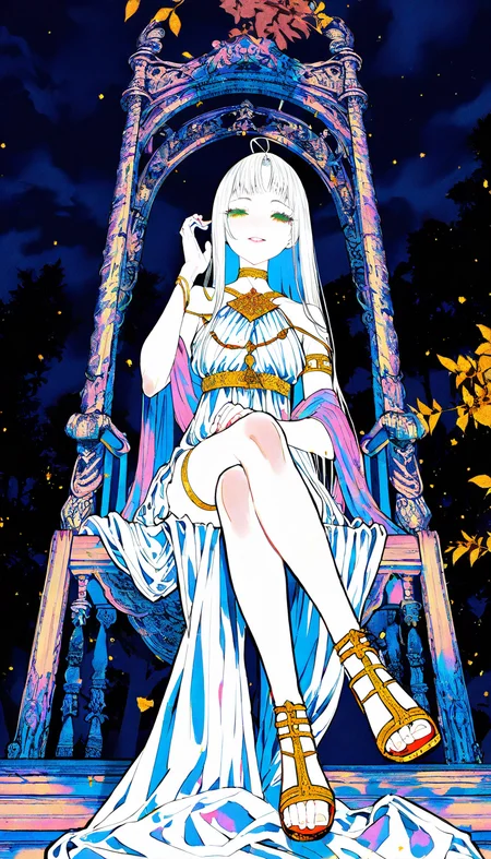 artist:[ekrea jan|diyokama|say hana|yoneyama mai|lam \(ramdayo\)],
girl, solo, toga, white dress, armlet, looking at viewer, ancient greek clothes, see-through clothes, shawl, greco-roman clothes, white hair, loose hair strand, gold choker, bare shoulders, gladiator sandals, foot dangle, parted lips, looking at viewer, colored eyelashes, long eyelashes, half-closed eyes, forked eyebrows, green eyes, smile,
sitting, throne, dark clouds, backlighting, indoors, window, crossed legs, from below, thigh strap,
bright, backlighting, impasto, dappled light, tree shade,
masterpiece, best quality, very awa, absurdres