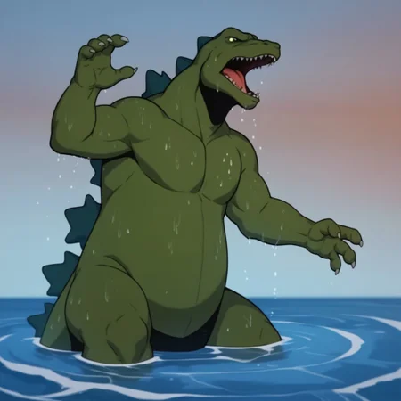 score_9, score_8_up, score_7_up, score_6_up, score_5_up, score_4_up, source_furry, godzilla78, feral, male, godzilla, green skin, wading, in ocean, wet, roaring,