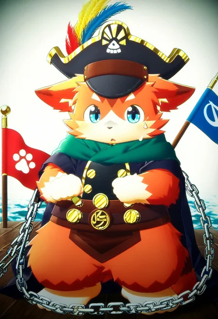 score_9, score_8_up, score_7_up, ((((sdgs4zuppu11by h.umino)))), animal, solo, blushing, blue eyes, cape, cat, chain, flag, furry, cute, kemono, furry male, no man's, open mouth, pirate, pirate hat, zPDXL3