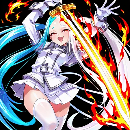 <lora:chigusaBBGIL:1>,chigusa \(bombergirl\),
1girl,solo,red eyes,weapon,long hair,thighhighs,white hair,sword,skirt,forehead,black background,white skirt,very long hair,white thighhighs,holding,gloves,multicolored hair,simple background,pleated skirt,looking at viewer,twintails,holding weapon,white gloves,blue hair,arms up,holding sword,fire,half-closed eyes,bandages,two-tone hair,open mouth, smile