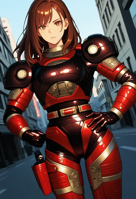 1girl, solo, R3ddle, armor, bodysuit, shoulder pad, gloves, belt, holster, brown hair, brown eyes, cowboy shot, dutch angle, looking at viewer, shiny clothes, hand on hip,
outdoors, city,
best quality, very aesthetic, masterpiece,