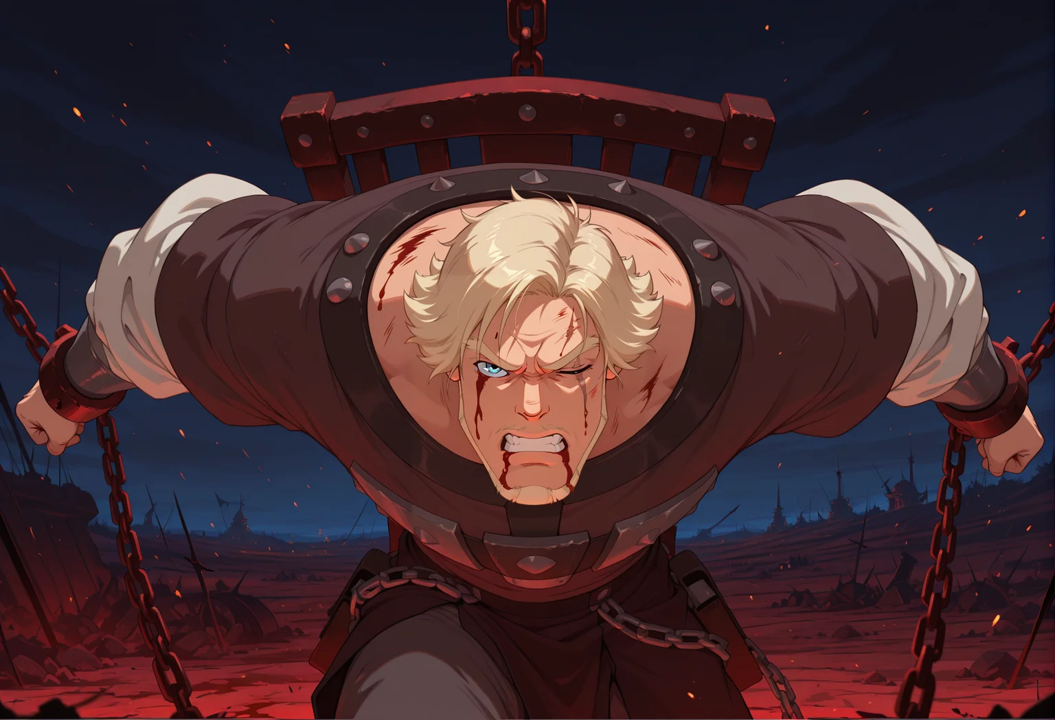 anime artwork concept art masterpiece, best quality, absurdres
<lora:dobri:1>dobriba, 1boy, male focus, facial hair, solo, scar, beard, blood, blue eyes, blonde hair, one eye closed, chain, scar across eye, injury, scar on face, teeth, mustache, clenched teeth, short hair, Chained up, the iron chair, darl nature, battlefield, smog, battle, looking a viewer,pants, armor,
<lora:noobai_vpred_1_masterpieces_v23:0.7> masterpiece, best quality, very aesthetic <lora:DarkerThanBlackIllustrious:0.7> night <lora:NOOB_vp1_detailer_by_volnovik_v1:1>( red theme:0.8), . digital artwork, illustrative, painterly, matte painting, highly detailed . anime style, vibrant, studio anime, highly detailed