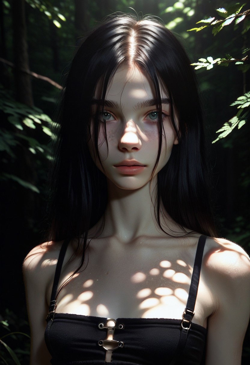 score_9, score_8_up, score_7_up, score_6_up, AMFL, low key, high exposure, 1girl, beautiful, long black hair, pale skin, small breasts, The catalyst, dark forest, dappled sunlight, upper body, looking at viewer
