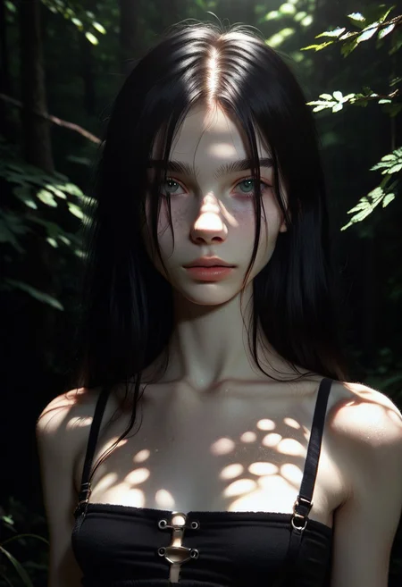 score_9, score_8_up, score_7_up, score_6_up, AMFL, low key, high exposure, 1girl, beautiful, long black hair, pale skin, small breasts, The catalyst, dark forest, dappled sunlight, upper body, looking at viewer