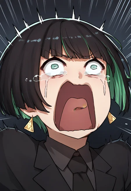 score_9, score_8_up, score_7_up, source_anime, solo, 1girl, edgAllmind, screaming, open mouth, crying with eyes open, blunt bangs, two tone hair, black suit, necktie, earrings <lora:concept_aquascreaming_ponyXL:1> <lora:edgAllMindPonyv1:0.9>
