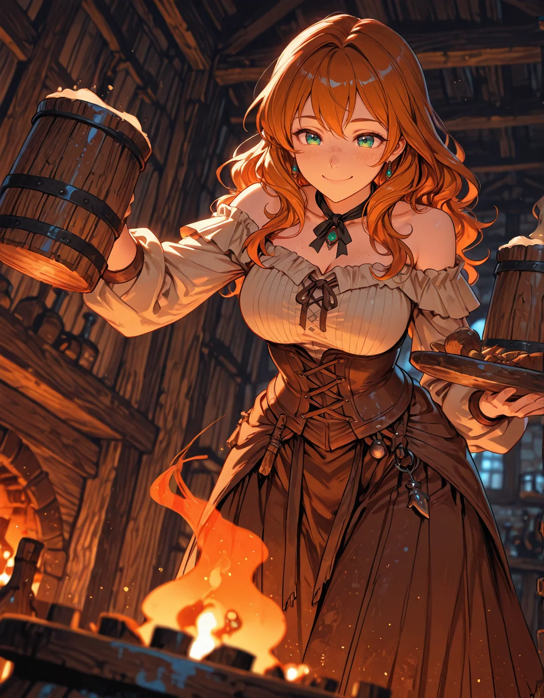 masterpiece, best quality,high quality, newest, highres,8K,HDR,absurdres, 1girl, solo, tavern worker, warm smile, wavy chestnut hair, tied with a ribbon, corset dress, off-the-shoulder blouse, flowing skirt, holding a tray of ale, rustic wooden tavern, candlelit ambiance, warm glow from fireplace, wooden barrels in background, joyful expression, freckles, jewelry with simple charms, wooden mugs clinking, lively medieval fantasy setting, detailed background, depth of field, dynamic pose, rich color palette, detailed background, dynamic pose, dynamic composition,dutch angle, detailed backgroud,foreshortening,blurry edges <lora:iLLMythAn1m3Style:1> MythAn1m3