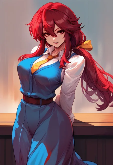 score_9, score_7_up, source_anime, source_cartoon, source_explicit, BREAK, colorful, aesthetic, illustration, kotohime (touhou), long hair, red hair, red eyebrows, hair between eyes, bangs, sidelocks, low-tied long hair, tied hair, low ponytail, hair ribbon, yellow ribbon, red eyes, breasts, white shirt, collared shirt, long sleeves, yellow necktie, blue vest, brown belt, blue skirt, hands behind back, open mouth, smile, teeth, simple background, looking at viewer, facing viewer, standing in front of viewer, standing
