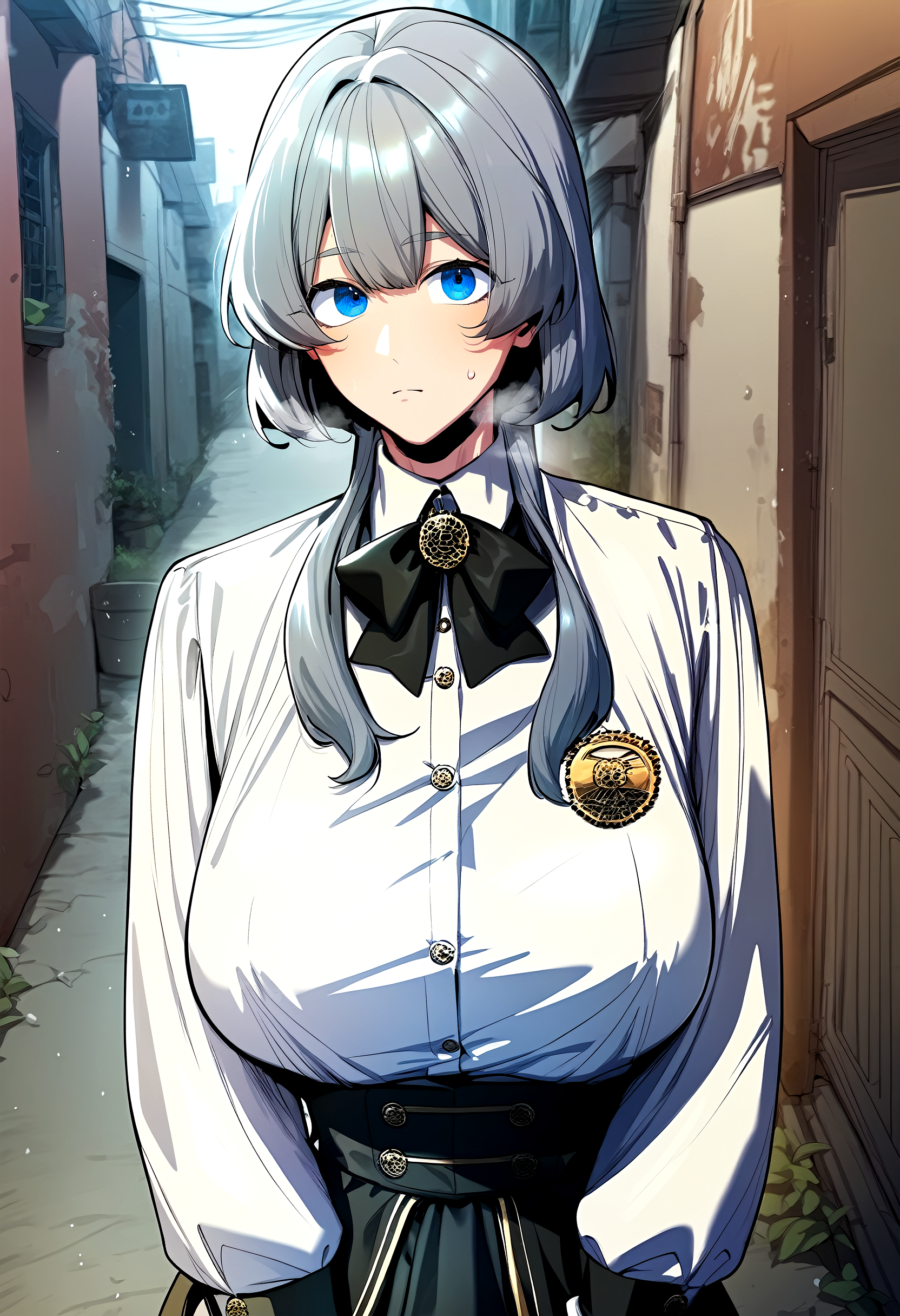 score_9, score_8_up, score_7_up, score_6_up, source_anime, rating_explicit, <lora:neg4all_bdsqlsz_V3.5:2.0>1girl, (solo:1.2), huge breasts, <lora:li-neponyxl:1> blue eyes, grey hair, bangs, medium hair with long locks, hair over shoulder, brooch, black bow, bowtie, white shirt, long sleeves, collared shirt, black skirt, expressionless, Narrow shoulders, sweat, heavy breathing, steaming body, alley, outdoor, looking at viewer