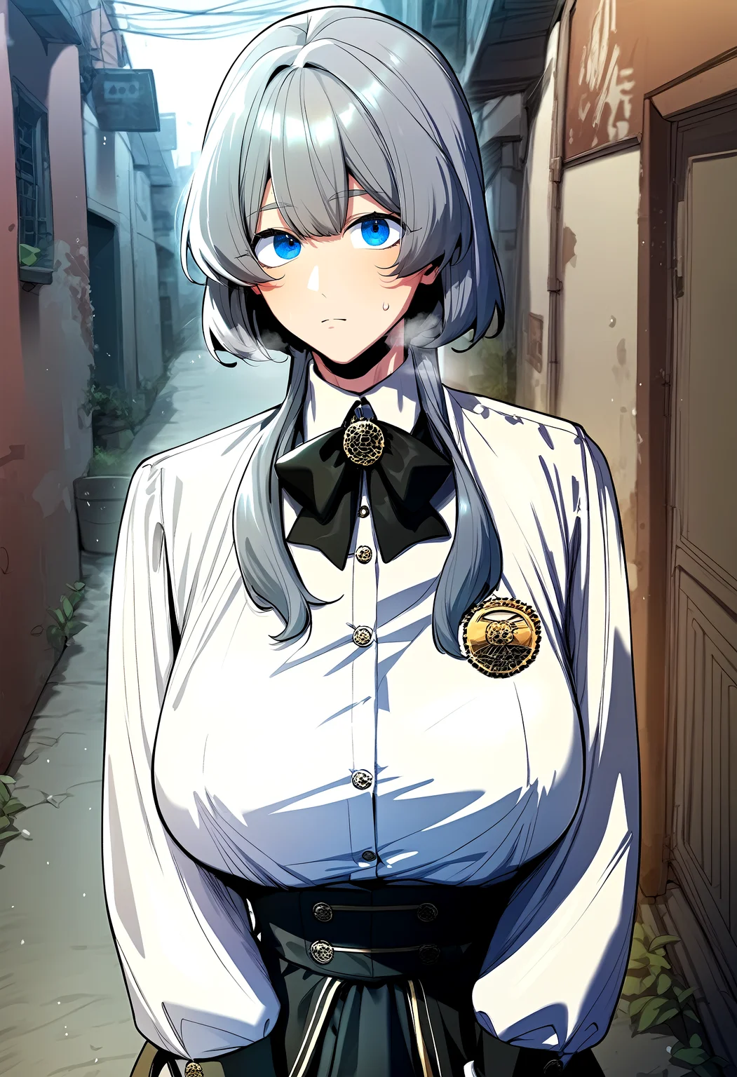 score_9, score_8_up, score_7_up, score_6_up, source_anime, rating_explicit, <lora:neg4all_bdsqlsz_V3.5:2.0>1girl, (solo:1.2), huge breasts, <lora:li-neponyxl:1> blue eyes, grey hair, bangs, medium hair with long locks, hair over shoulder, brooch, black bow, bowtie, white shirt, long sleeves, collared shirt, black skirt, expressionless, Narrow shoulders, sweat, heavy breathing, steaming body, alley, outdoor, looking at viewer