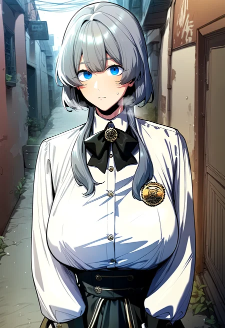 score_9, score_8_up, score_7_up, score_6_up, source_anime, rating_explicit, <lora:neg4all_bdsqlsz_V3.5:2.0>1girl, (solo:1.2), huge breasts, <lora:li-neponyxl:1> blue eyes, grey hair, bangs, medium hair with long locks, hair over shoulder, brooch, black bow, bowtie, white shirt, long sleeves, collared shirt, black skirt, expressionless, Narrow shoulders, sweat, heavy breathing, steaming body, alley, outdoor, looking at viewer