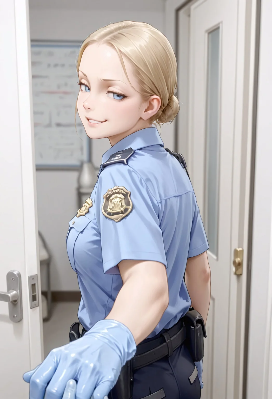 masterpiece, best quality, amazing quality, absurdres,
0c_tsa,1girl, blonde hair, single hair bun, low hair bun, blue eyes, parted lips, medium breasts,
police uniform, policewoman, blue shirt, collared shirt, epaulette, badge, name tag, blue gloves, rubber gloves, black pants, belt, pouch,
, 1boy, pov, holding hand, look back, smug, smirk, open door, room, blurry background, depth_of_field, focus, from behind, back view,