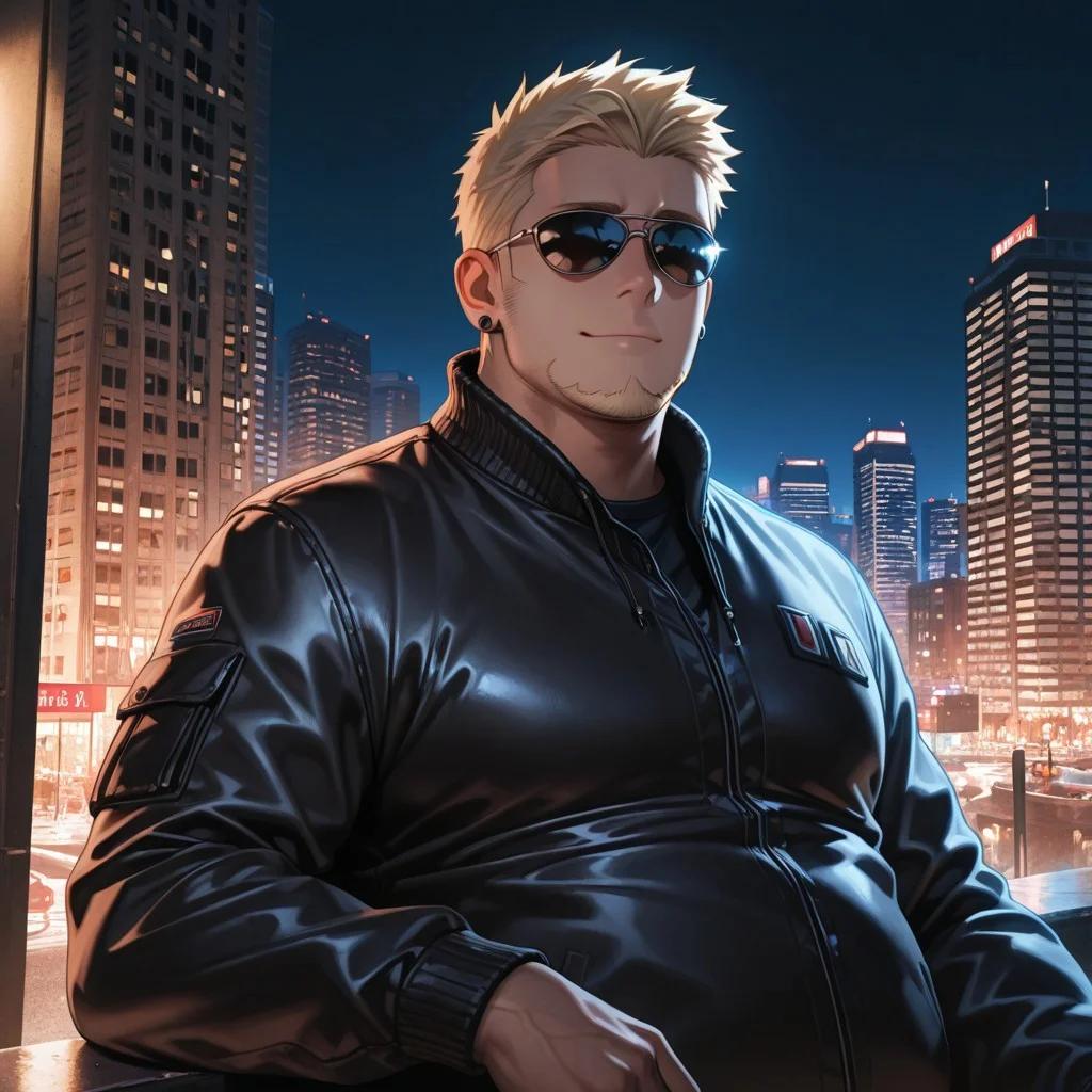masterpiece, best quality, amazing quality, absurdres, newest, detailed background, definition so sharp, Ultra-HD, 8K cinematic, very awa, impressionate, amazing quality, highres,
solo, male focus, manly,
1boy, short hair, goatee, chubby, rikio_blonde, rikio_brown eyes, rikiokamamoto, sunglasses \(on face\), earrings, sideburns, stylish jacket, urban background, city lights, night, cool colors, confident, suave, upbeat, chill vibe, leaning, relaxed pose, slight smile,