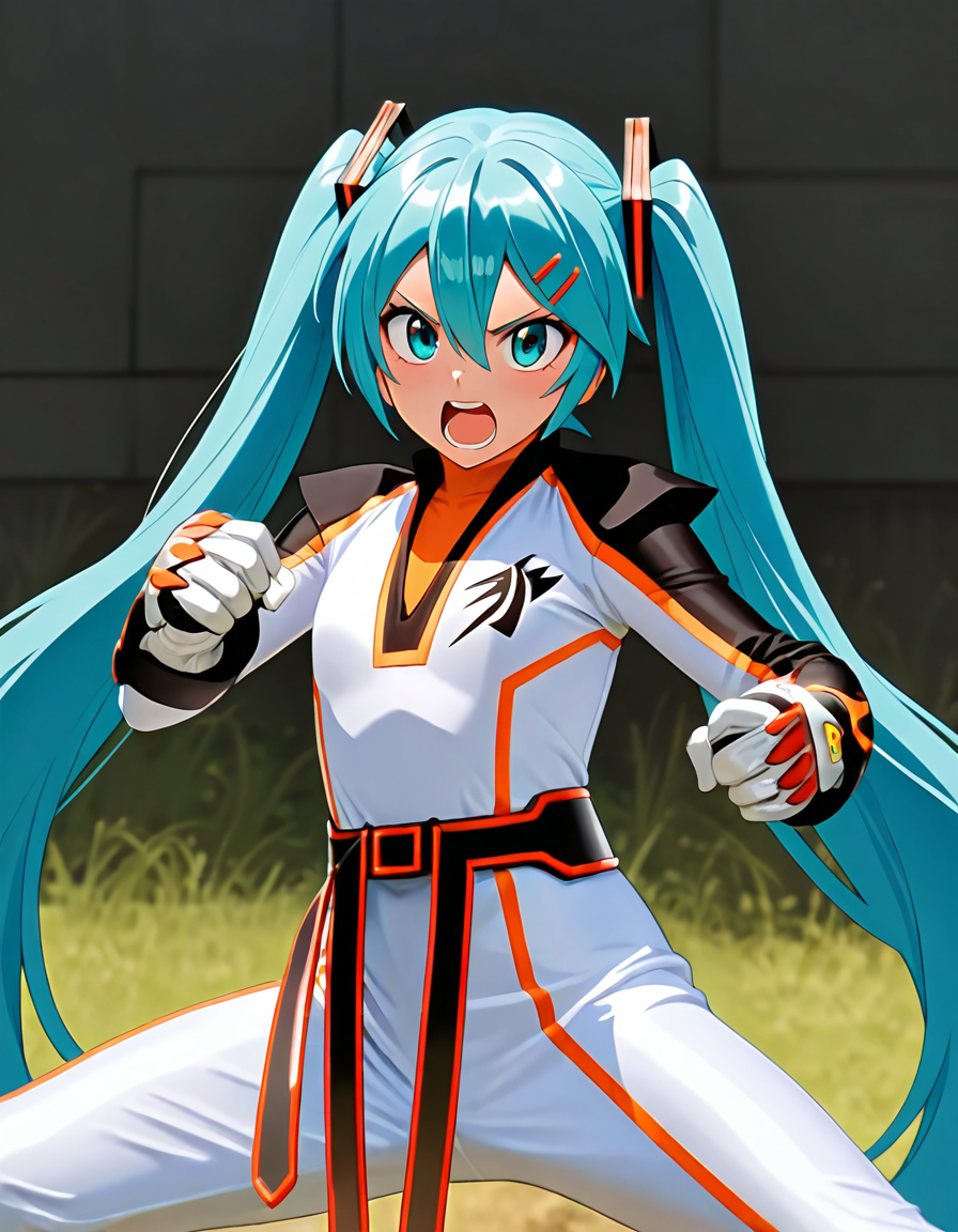 masterpiece, best quality, amazing quality, very aesthetic, absurdres, newest,shiny skin  (((anime screenshot:1))),  anime coloring,   hatsune miku,  twintails,  blue hair,  fighting stance,  hairclip  looking at viewer,  open mouth 1girl , flat chest, GEKICHOPPER, robot, solo, GEKPPER bodysuit, GEKPPER belt, GEKPPER gloves, GEKPPER boots, helmetless  <lora:Jungle_Fury__Gekiranger:1>