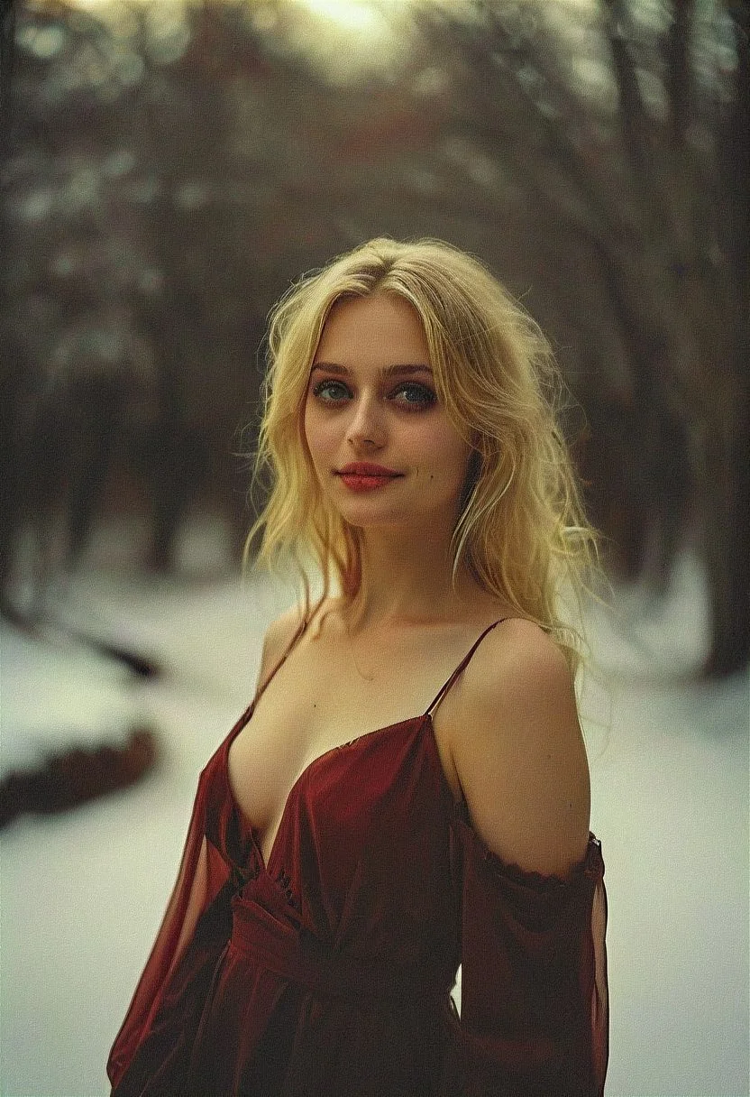 NSFW soothing tones, calm colors, (hdr:1.3), professional photograph of an mestizo cute 26 year old woman, (smile:1.31), gothic make-up, extremely long blonde hair, (red eyes:1.15), (exposed small tits:1.2), nipples slip, (dress:0.85), (beauty mark:1.15), 80mm, winter, morbid landscape, (medium closeup:1.1), moles skin, soft light, sharp, exposure, muted colors, dim colors, soothing tones, (nsfw:1.08), slate atmosphere, cinematic, dimmed colors, dark shot, muted colors, film grainy, lut, spooky