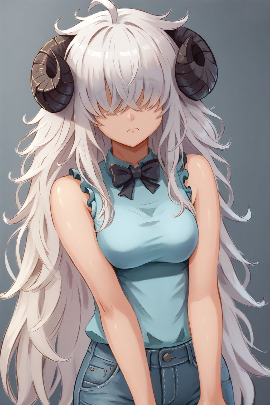 score_9, score_7_up BREAK  <lora:miraihikari:1> 1girl, white hair, very long hair, hair over eyes, facing the viewer, sheep horns, sad, thumbs up, ahoge, messy hair, sleeveless, light blue shirt, bowtie, frills, jeans