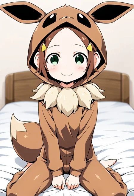 score_9, score_8_up, score_7_up, score_6_up, score_5_up, score_4_up,, 1girl, solo, original anime, Pan Saruhara, short hair, brown hair, hair ornament, chimpanzee ears, flat chest (Green eyes: 1.8).
<lora:eevee-cosplay-ponyxl-lora-nochekaiser:1>, eevee cosplay, eevee (cosplay), cosplay, hood, hood up, long sleeves, kigurumi, animal ears, pokemon tail, tail,, bed, on bed, sitting, smile, blush,, cowboy shot, looking at viewer,