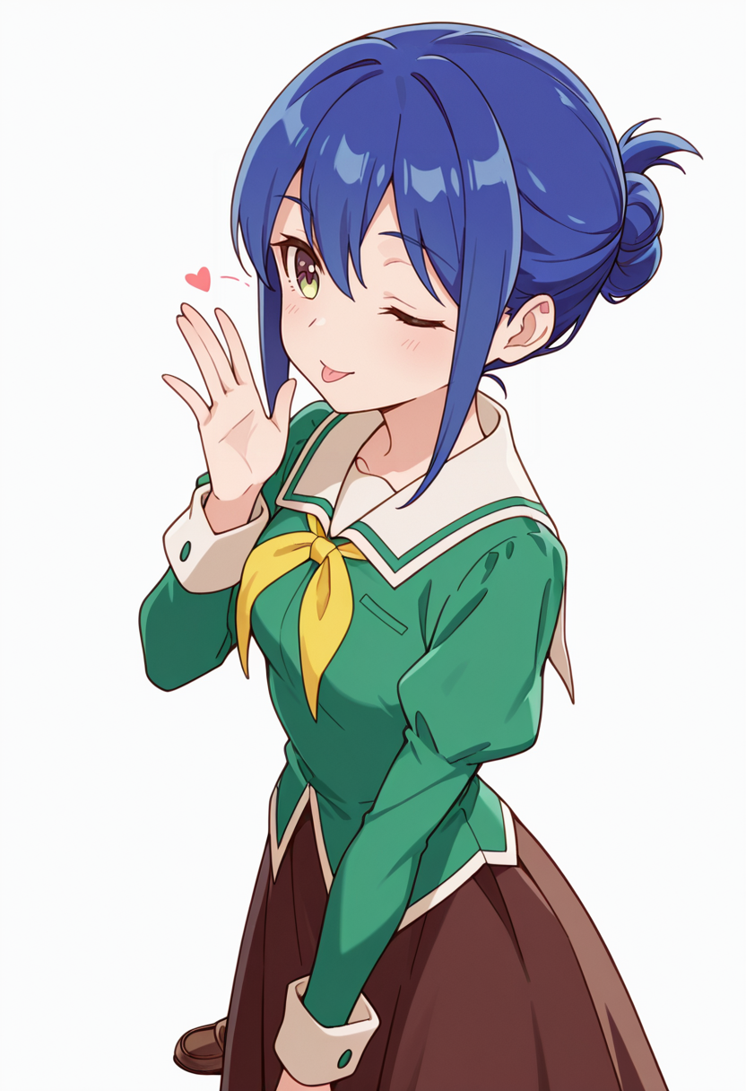 masterpiece,high quality details,absurdres, 
kanoko_cnr, 1girl, blue hair,hair between eyes, sidelocks, single hair bun,
kanoko_s1,green shirt,white sailor collar, serafuku,juliet sleeves,long skirt, green dress, loafers,dark-brown skirt, <lora:Mamiya_Kanoko:0.8>, simple background, white background, sideways,solo,, ;p,