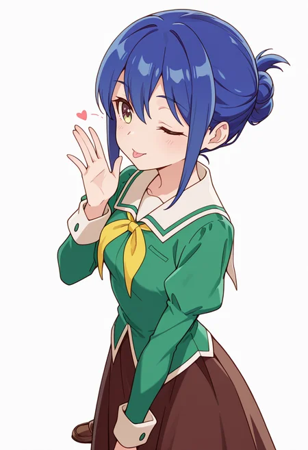 masterpiece,high quality details,absurdres,
kanoko_cnr, 1girl, blue hair,hair between eyes, sidelocks, single hair bun,
kanoko_s1,green shirt,white sailor collar, serafuku,juliet sleeves,long skirt, green dress, loafers,dark-brown skirt, <lora:Mamiya_Kanoko:0.8>, simple background, white background, sideways,solo,, ;p,
