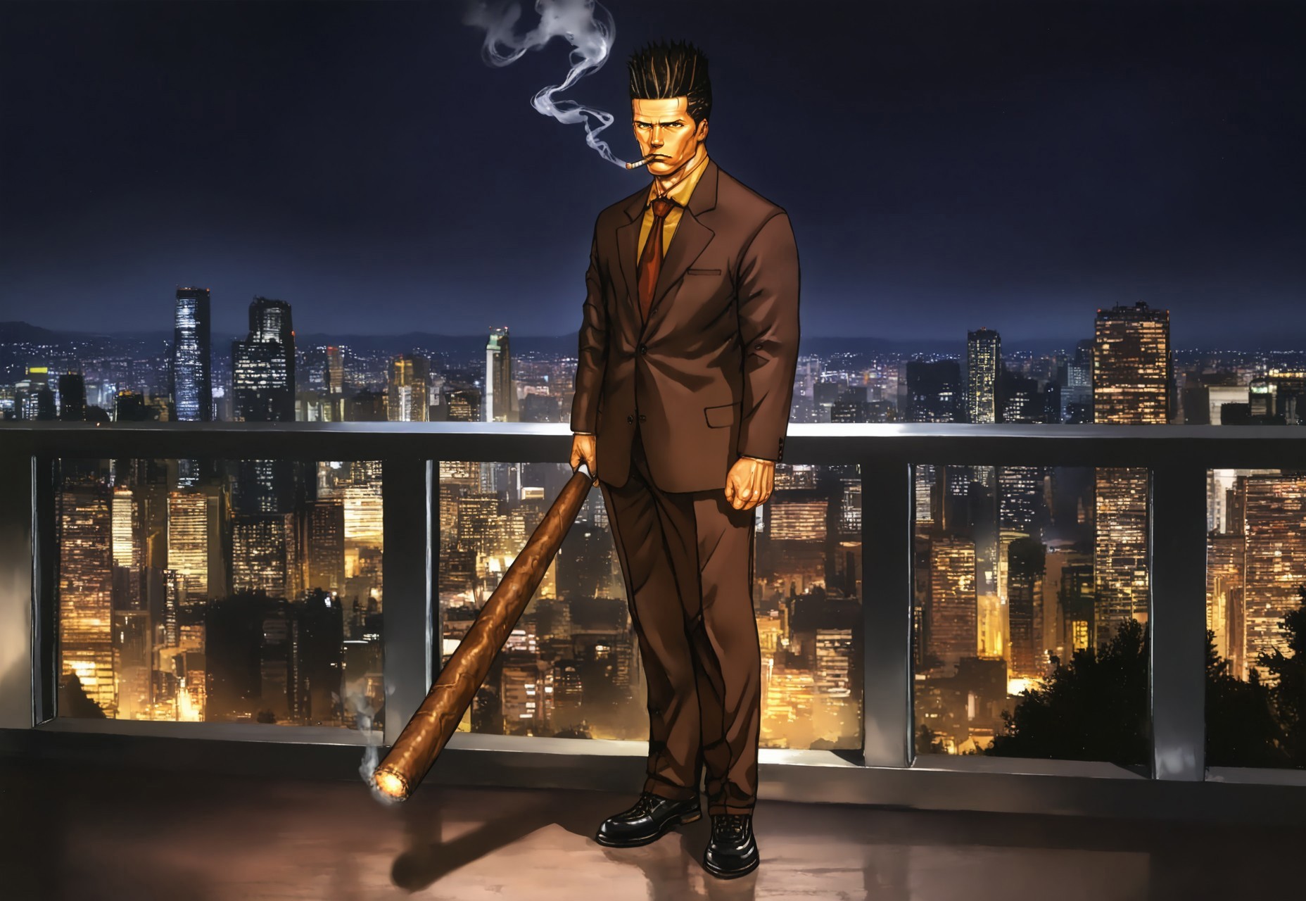 safe_pos, masterpiece, best quality, amazing quality, very aesthetic, absurdres, newest, jhunteribilxl, jhunterilxl, 1boy, male focus, mature male, clean shaven, tall raised hair, brown hair, red necktie, brown suit, toned male, tall, yellow shirt, brown eyes, black shoes, full body, night, cityscape, serious expression, view from the side, smoking, standing pose, gigantic cigar