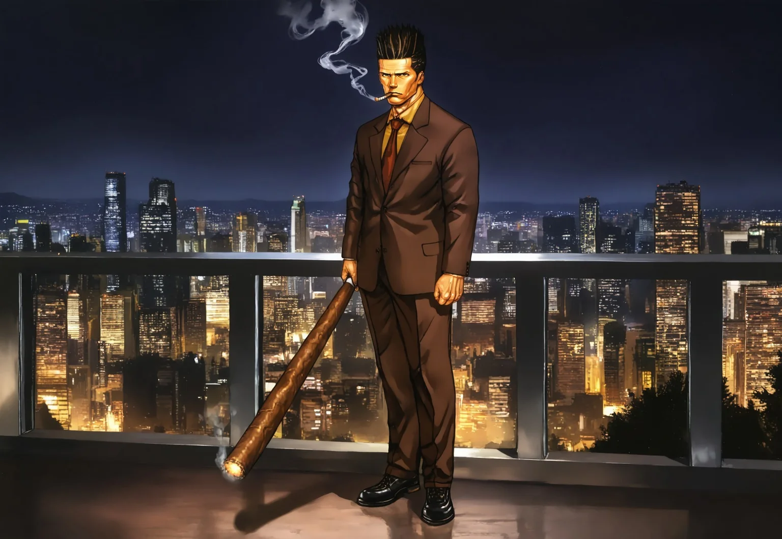 safe_pos, masterpiece, best quality, amazing quality, very aesthetic, absurdres, newest, jhunteribilxl, jhunterilxl, 1boy, male focus, mature male, clean shaven, tall raised hair, brown hair, red necktie, brown suit, toned male, tall, yellow shirt, brown eyes, black shoes, full body, night, cityscape, serious expression, view from the side, smoking, standing pose, gigantic cigar