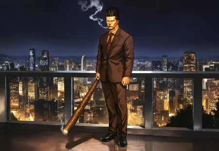 safe_pos, masterpiece, best quality, amazing quality, very aesthetic, absurdres, newest, jhunteribilxl, jhunterilxl, 1boy, male focus, mature male, clean shaven, tall raised hair, brown hair, red necktie, brown suit, toned male, tall, yellow shirt, brown eyes, black shoes, full body, night, cityscape, serious expression, view from the side, smoking, standing pose, gigantic cigar