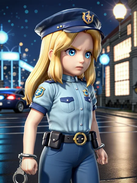 source_3d, solo, CSPNY1, d4113, city street, night, night time, <lora:Maria (Sonic x Shadow Generations) PDXL v2:0.75>, sxsgmaria, blonde hair, score_7_up, police uniform, police hat, handcuffs, angry