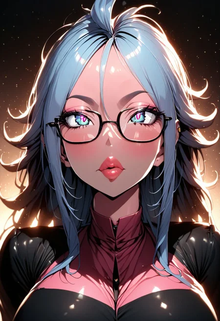 (masterpiece), (best quality), (ultra-detailed), 
1girl, solo, android 21 merged with Bulma,  gorgeous lips, an elegant face, pink skin, blue hair, long hair, spectacles,
light particle, particle, shadow,  
detailed lips , black detailed pupils, puffy lips, wide lips thick lips, big lips, large lips, parted clothes