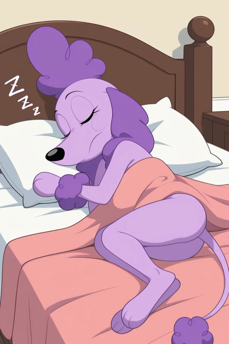 masterpiece, best quality, amazing quality, very aesthetic, high resolution, ultra-detailed, absurdres, newest BREAK s4brin4, closed eyes, purple fur, poodle, poodle tail, poodle ears, lying, sleeping, on pillow, indoors, bedroom, zzz