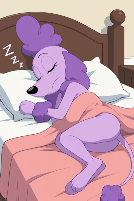 masterpiece, best quality, amazing quality, very aesthetic, high resolution, ultra-detailed, absurdres, newest BREAK s4brin4, closed eyes, purple fur, poodle, poodle tail, poodle ears, lying, sleeping, on pillow, indoors, bedroom, zzz