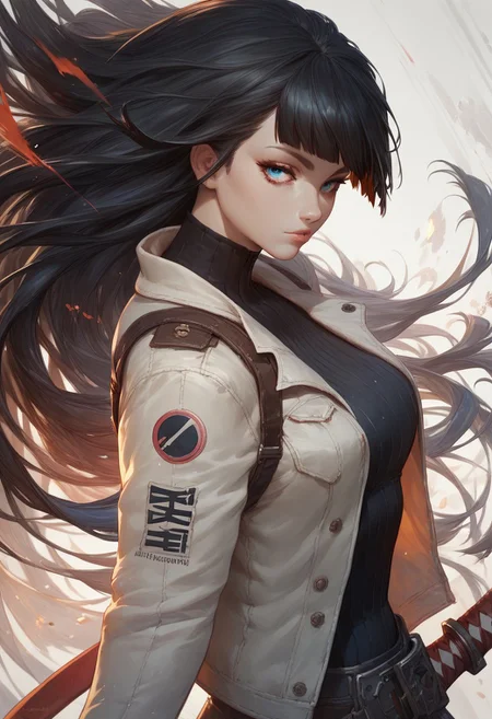 score_9, score_8_up, score_7_up, score_6_up, score_5_up, score_4_up, 1girl, (score_9, score_8_up:1.1), score_9, score_8_up, score_7_up,score_9, score_8_up, score_7_up, score_9, score_8_up, score_7_up, high detailed, high quality, masterpiece, no text, quality highlights, 8k detail, detailed background, dynamic view, ultra-detailed,
...
anime, dynamic view, hentai, ultra-detailed,
...
Create an anime-style character with long, black hair, with blue parts black hair, blunt bangs, detailed blue eyes, perfect lips, wearing a white jacket with bold black kanji characters and a futuristic red and black outfit that accentuates her figure. She should have a red katana strapped to her back. The character's pose should be from the side, highlighting her back and the sword, with her hands in gloves, in action or combat. The background should be minimalistic to keep the focus on the character's detailed and striking, variation pose, dutch angle, looking at viewer
...
abstract background of blue and black,
(curvy girl), belly, cute girl, lips, (incredibly sexy),
sexy pose, pose,
...
(white background)