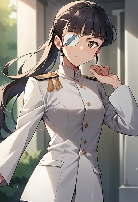 score_9, score_8_up, score_7_up, source_anime, masterpiece, 1girl, ctianmio, white uniform, eyepatch, no pants, looking at viewer, <lora:Mio_Sakamoto_strike_PONY_ct:0.8>