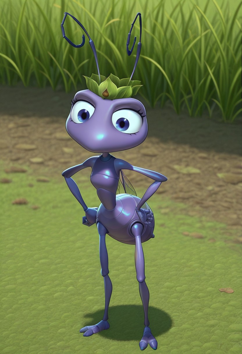 best quality, masterpiece, antennae, ant, leaf crown, solo, princess atta, hands on hips, outdoors, grass, green meadow