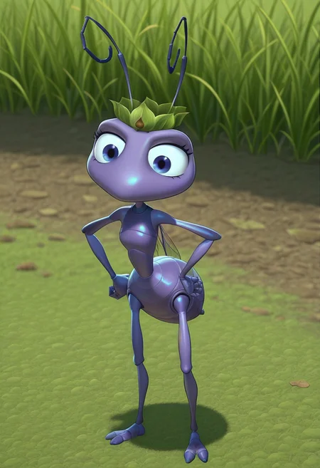 best quality, masterpiece, antennae, ant, leaf crown, solo, princess atta, hands on hips, outdoors, grass, green meadow
