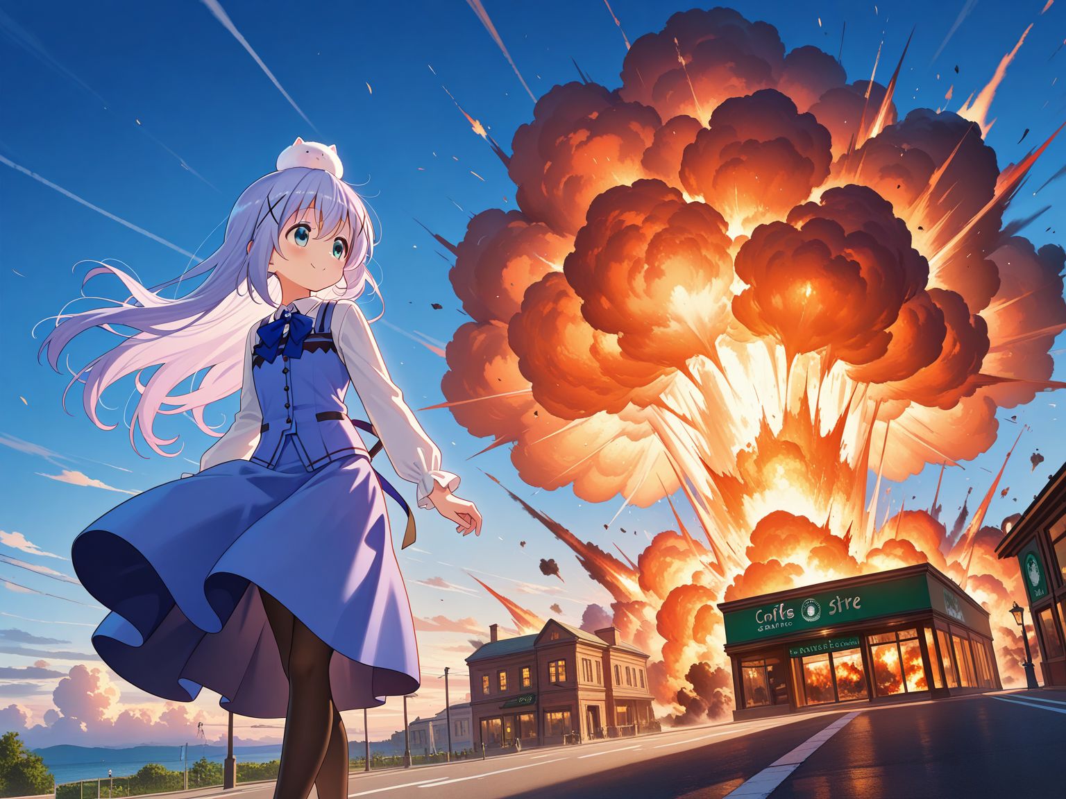 general,best quality, extreme high quallity,high detailed,ultra-detailed,extremely detailed,illustration,an extremely delicate and beautiful,extremely detailed CG,wallpaper,(noise clear),(Intricate),(Hires.fix), european town,A shot with tension, ultra-high resolution,sharp focus,Emotionalization,temperate atmosphere,high-end texture,in the style of fashion photography,(Visual impact:1.2),dynamic and visually striking appearance,impactful picture,colorful,movie perspective,best volumetric lighting , BREAK
burning building,starbucks coffee shop billboard,(starbucks coffee shop exploding:1.5), burning, cloud, cloudy sky, destruction, dust, dust cloud, explosion, fire, outdoors, scenery, sky, smoke <lora:illexplosion_i10_v100:0.6>,
1girl,solo, gochuumon wa usagi desu ka?,smile,happy, kafuu chino,blue rabbit house uniform, tippy (gochiusa) on her head,floating hair, floating clothes,walking,