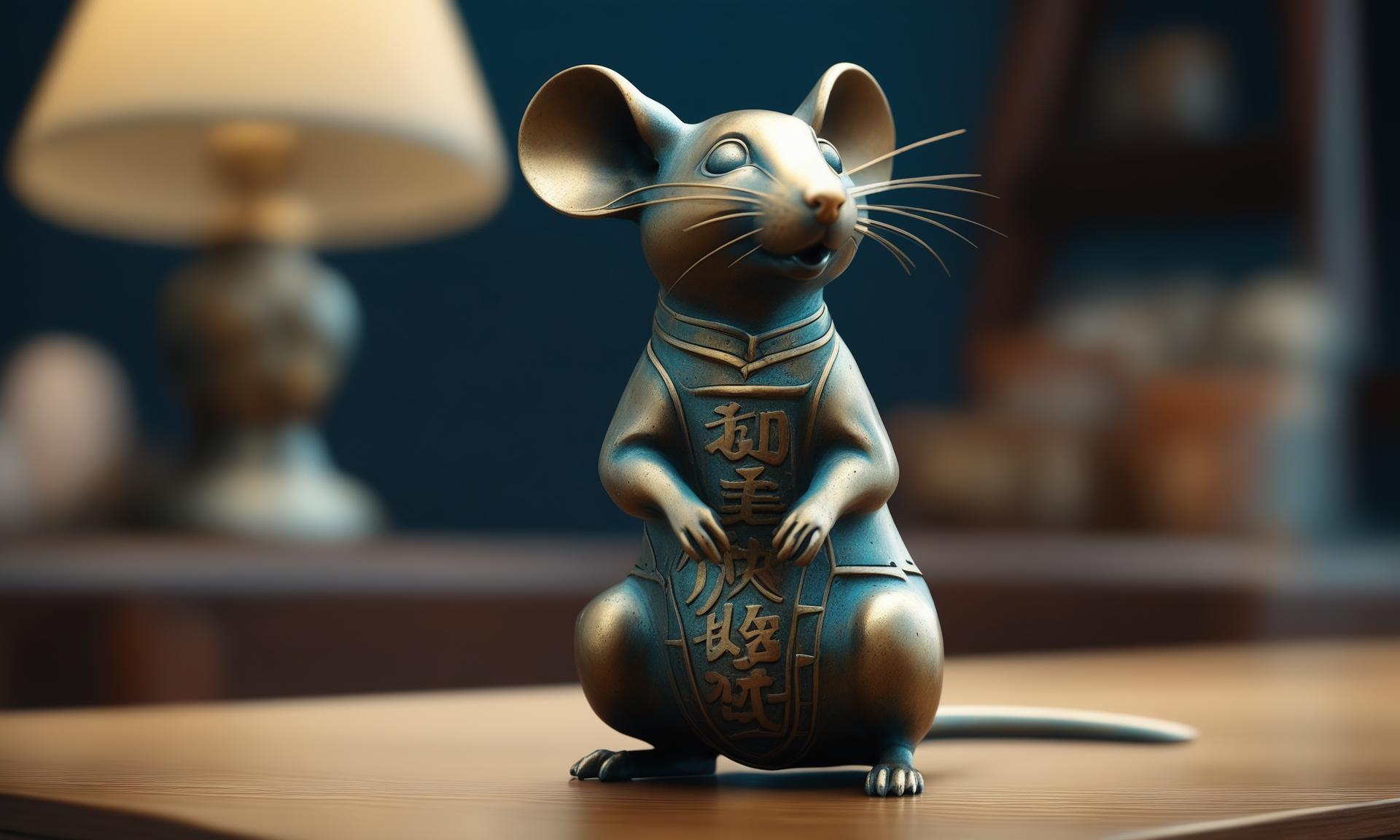 <lora:bronzecd_xl-000006:0.7>,a statue of a rat made of (bronzecd_xl,bron,cyan:0.1) in office scene,full body,miniature,tilt-shift,indoors,chinese zodiac,wooden table,cutie,cute,still life,animal statue,front view,facing viewer,looking at viewer,(Unbelievable Digital Artwork:1.3),CGSociety,ArtStation,master works, 8K, HDR, UHD, masterpiece, best quality, highly detailed, high resolution, finely detail, extremely detailed, ultra detailed, wallpaper