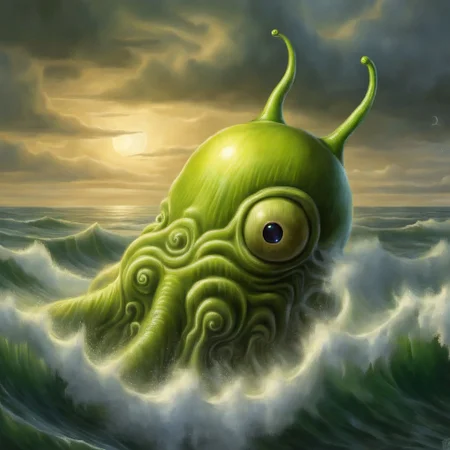 A brain slug as Cthulhu is rising from the sea in a great storm <lora:SDXL-BrainSlug-Lora:1>, Very detailed, clean, high quality, sharp image, based on H.P Lovecraft stories, Naoto Hattori