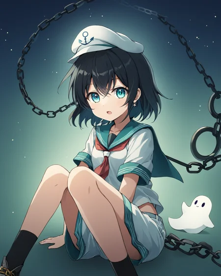 murasa minamitsu,1girl, solo, chain, sailor, ghost, anchor, open_mouth, hitodama, sailor_hat, shorts, sitting
<lora:murasa_minamitsu_image2637_2023-12-20-000008:1>,star-shaped_pupils,symbol-shaped_pupils,. gorgeous,key visual, vibrant, studio anime,award-winning, professional, highly detailed,high budget, cinemascope