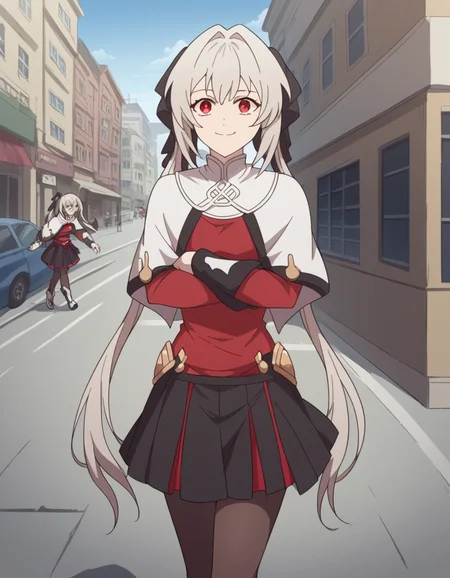 score_9, score_8_up, score_7_up, source_anime, <lora:lynneburg-clays-s1-ponyxl-lora-nochekaiser:1>, lynneburg clays, long hair, red eyes, twintails, grey hair, hair intakes, hair ribbon,, pantyhose, capelet, white capelet, dress, red dress, long sleeves, skirt, black skirt, pleated skirt,, city street, evening, streetlights, walking dog, quiet neighborhood, gentle breeze, smile, , crossed arms, smile, smug, solo,, cowboy shot, dutch angle