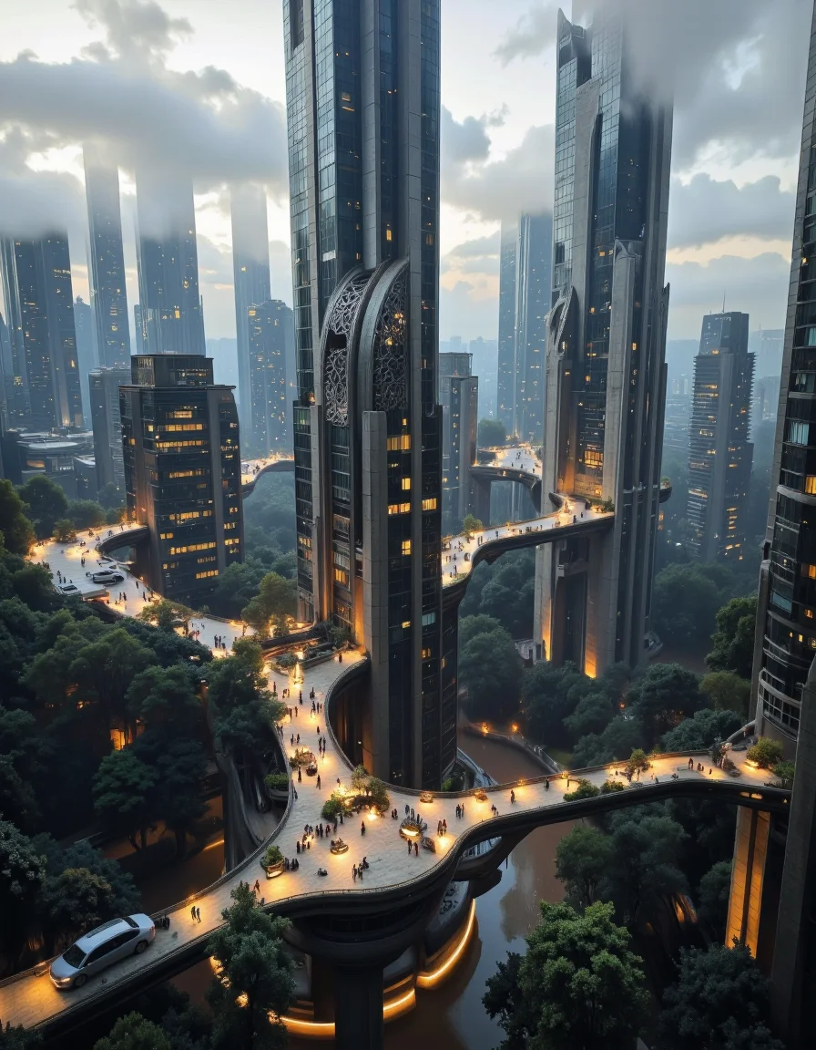 Futura. A photo-realistic shoot from a bird's eye view about a futuristic cityscape at night, featuring tall skyscrapers with intricate architectural designs and glowing lights. the image also shows a dense foggy cityscape with multiple buildings, including a modern skyscraper on the right, and a dense dense cityscape on the left. in the middle of the image, a group of people can be seen walking on a bridge over a river, surrounded by lush greenery. the buildings are tall and slender, with a mix of modern and traditional architecture, and they are lit up with warm, golden light, creating a serene atmosphere. the cityscape is filled with trees and greenery, and the fog creates a sense of depth and dimensionality. the overall mood is one of tranquility and serenity, with the buildings standing out against the misty backdrop. <lora:Futura-000005:1>