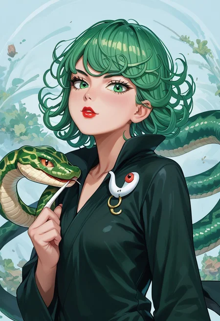score_9,score_8_up,score_7_up,score_6_up,score_5_up,source_anime,1girl, 1girl, tatsumaki, green eyes, saitama outfit, shortstack, looking at viewer, bald girl, 19yo, lipstick , flirty, snake, snake on shoulders, upper body view,