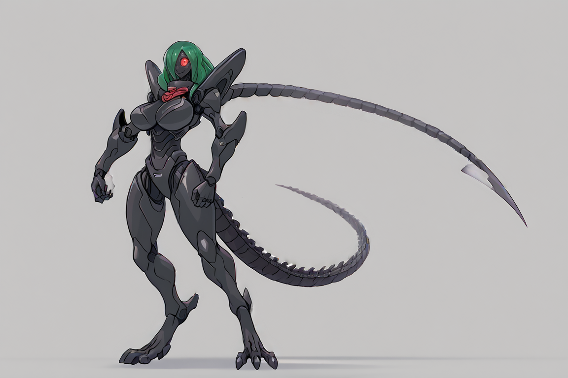 score_9, score_8_up, score_7_up, score_6_up, score_5_up, score_4_up, BREAK, source_anime, solo, 1girl, rating_safe, ((mature female)), ((long green flowing hair)), mechanical parts, ((plastic, polymer, metal body)), (big mechanical rabbit ears), mature female, (bunny ears), (animal ears), subdermal port, ((milf, mature female, big breasts)), hexagon lines in skin, naval uniform overcoat, naval uniform, white military uniform, dress_uniform, ribbons, ((red eyes)), bunny tail, rabbit tail, aiguillette, ((green hair)), ascot, ((Eye-level angle (from the side) view medium Close shot)), pilot suit, shoulder cutout, bunny rabbit Tail, ((hair over one eye,)), digitigrade, clawed feet, minimal clothes, ((metal skin, shiny skin, vampire aesthetic, digital eyes, filled eyes, monochromatic eyes, glowing eyes, colored sclera, red sclera, mechanical eyes, partially shaded face, slit pupils, angular, minimal face, minimalism, narrow eyes, large eyes)), (anubis \(mythology\), anubis \(mythology\), ), <lora:Pony_DetailV2.0:1.5>, <lora:age_slider_v4:4>, ((dark, shaded, black background, horror, GREEN HAIR,)) pochincoff, robot girl, translucent body, oversized forearms, big eyes, 4 eyes, <lora:Pochincoff_Style_Lora:0.85>, xenomorph girl,  <lora:AnimeScreencap_pXl:1> anime screencap, retro anime style