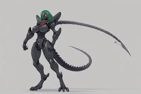 score_9, score_8_up, score_7_up, score_6_up, score_5_up, score_4_up, BREAK, source_anime, solo, 1girl, rating_safe, ((mature female)), ((long green flowing hair)), mechanical parts, ((plastic, polymer, metal body)), (big mechanical rabbit ears), mature female, (bunny ears), (animal ears), subdermal port, ((milf, mature female, big breasts)), hexagon lines in skin, naval uniform overcoat, naval uniform, white military uniform, dress_uniform, ribbons, ((red eyes)), bunny tail, rabbit tail, aiguillette, ((green hair)), ascot, ((Eye-level angle (from the side) view medium Close shot)), pilot suit, shoulder cutout, bunny rabbit Tail, ((hair over one eye,)), digitigrade, clawed feet, minimal clothes, ((metal skin, shiny skin, vampire aesthetic, digital eyes, filled eyes, monochromatic eyes, glowing eyes, colored sclera, red sclera, mechanical eyes, partially shaded face, slit pupils, angular, minimal face, minimalism, narrow eyes, large eyes)), (anubis \(mythology\), anubis \(mythology\), ), <lora:Pony_DetailV2.0:1.5>, <lora:age_slider_v4:4>, ((dark, shaded, black background, horror, GREEN HAIR,)) pochincoff, robot girl, translucent body, oversized forearms, big eyes, 4 eyes, <lora:Pochincoff_Style_Lora:0.85>, xenomorph girl,  <lora:AnimeScreencap_pXl:1> anime screencap, retro anime style