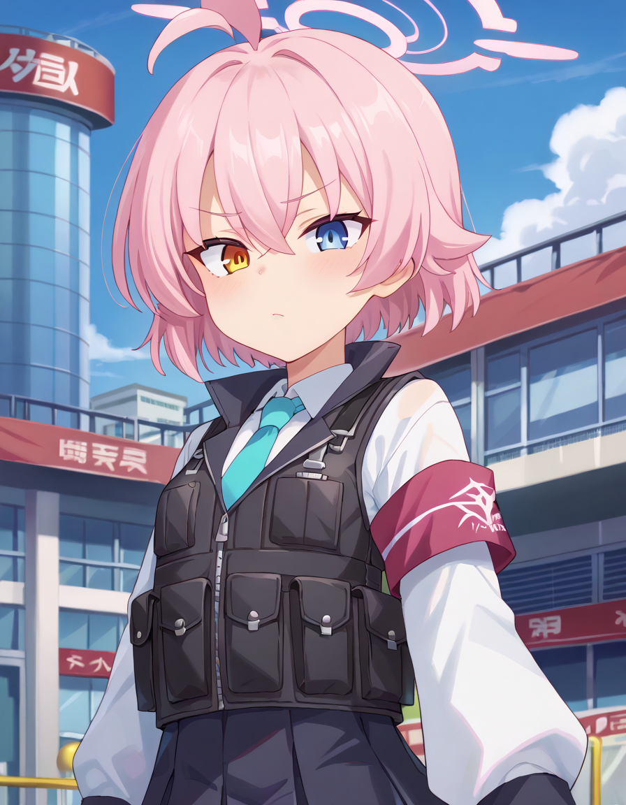 score_9, score_8_up, score_7_up, score_6_up, score_5_up, score_4_up, source_anime, anime screencap, masterpiece, insanely detailed, detailed background, zPDXL3, break, toraisi666_style,1girl,nsfw, takanashi_hoshino/(BA/),pink_hair,short_hair,hair_between_eyes,halo,blue_eyes,yellow_eyes,heterochromia,armband,fingerless_gloves,long_sleeves,necktie,shirt,bulletproof_vest,skirt,small_breasts