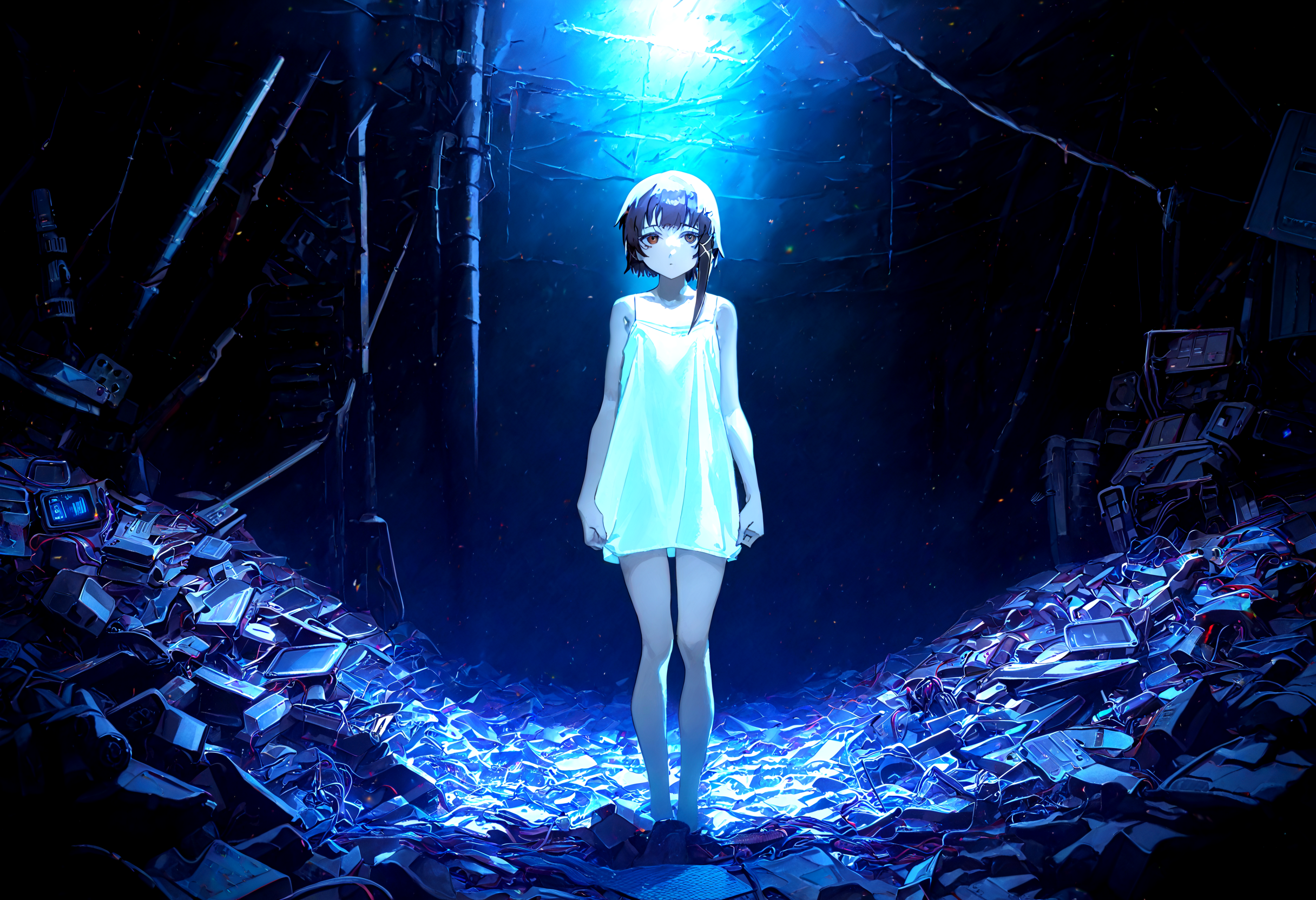 masterpiece, best quality, amazing quality, very aesthetic, absurdres,  newest,
1girl, iwakura lain,  solo, standing,  thigh_gap,  white camisole , dark_background, cable, looking_at_viewer ,pile , spaghetti_strap , utility_pole, wide_shot,
yoneyama mai,quasarcake:0.7, rolua, negative space, cinematic shot, very awa,codeandigital,c0dean0igital,cyberw0rlds, science fiction,matrix, code, digital,computer,
<lora:cfg_scale_boost:0.7>, <lora:illustrious_noobai_epsilon_pred_11_very_aesthetic_v1:0.6>, <lora:illustrious_noobai_epsilon_pred_1_masterpieces_v1:0.6>, <lora:illustrious_noobai_epsilon_pred_1_best_quality_v1:0.6>, <lora:Lain_PonyXLv3:0.7>, <lora:Code__Digital_World_Morph_v2_PONY_XL_by_UOC:0.7>